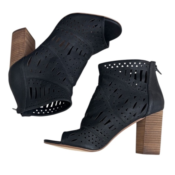 Suede Peep Toe Booties Chunky Block Heel Cut Out Heeled Ankle Booties Black - Picture 13 of 16